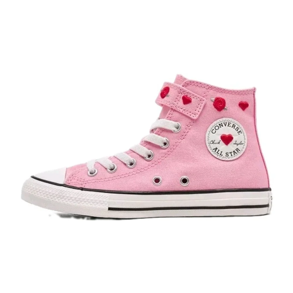 CONVERSE High Top Kids Valentine's Day Hearts & Roses Easy On Sneakers Pink Sz 2